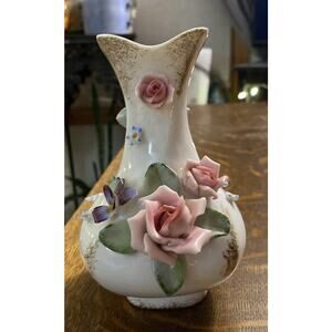 Lefton Hand-painted 6” Roses Gold Trim Blue Purple Flowers 6” Bud Vase